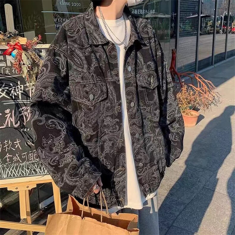 美式腰果花牛仔夹克男春秋潮宽松男装痞帅高级感外套HH364P60,男装工装外套,星座1013-5