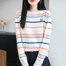 条纹刺绣长袖t恤女秋季2025新款打底衫洋气大码女装冰丝针织上衣，女装羊毛衫，萱芳婷羊绒