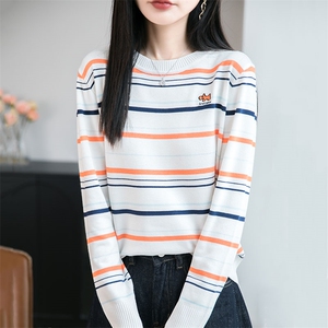 条纹刺绣长袖t恤女秋季2025新款打底衫洋气大码女装冰丝针织上衣图片