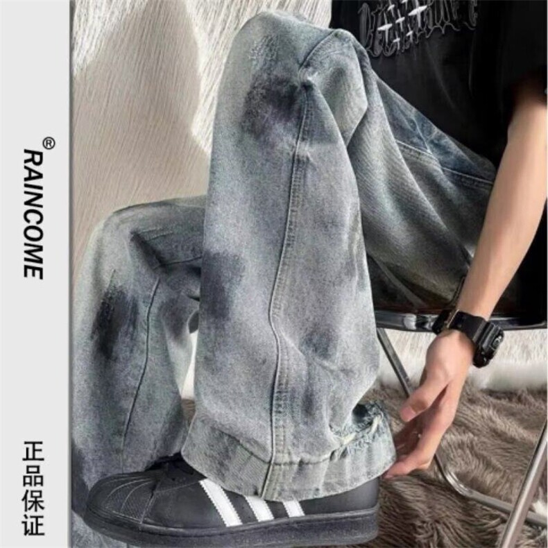 复古擦脏设计做旧直筒牛仔裤男女高街显瘦破洞毛边阔腿垂坠感裤子图片