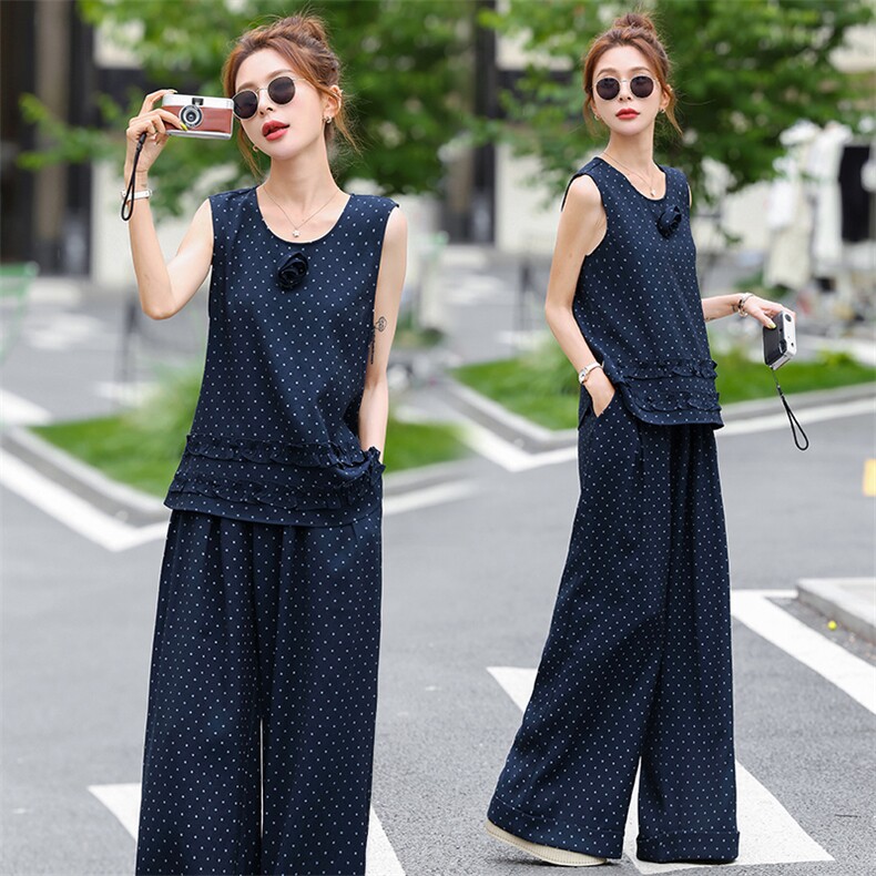 小香风套装女2025夏季新款超火减龄松弛感休闲波点无袖阔腿裤穿搭，女装套装/套裙，奕薇雅