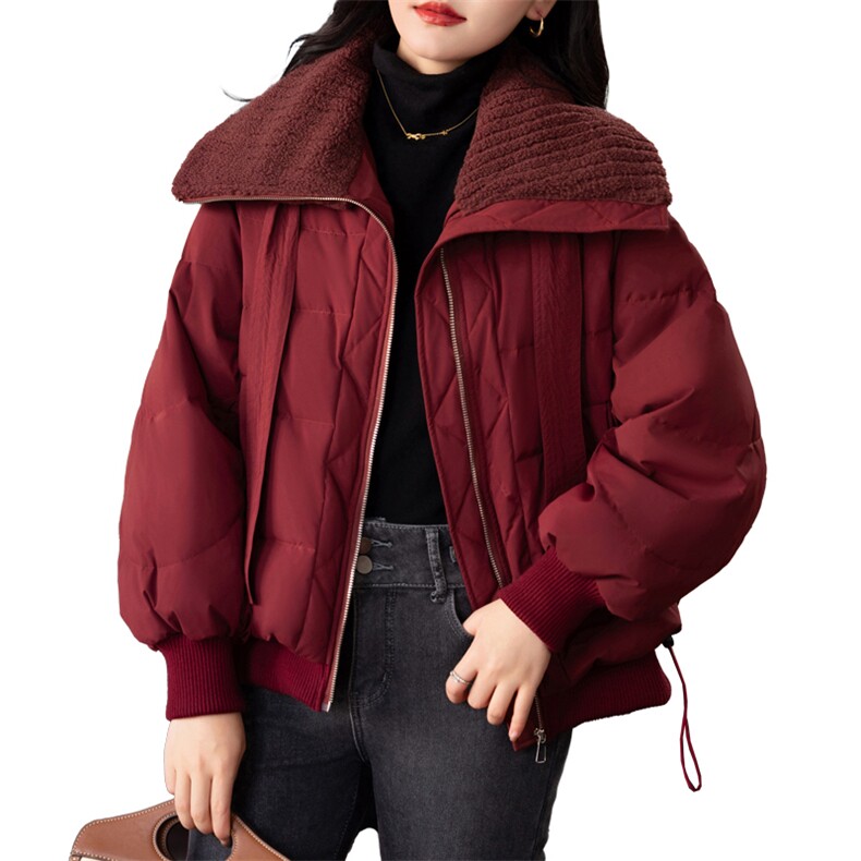 羊羔毛拼接大翻领羽绒服女2024冬新款小个子短款时尚加厚保暖外套,女装羽绒服,婷轩阁