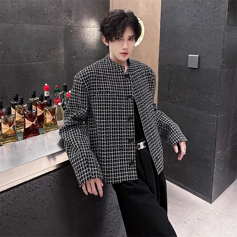 2025秋装垫肩格子短款小香风外套西装男痞帅立领夹克潮流西服，男装西服，四季星座505