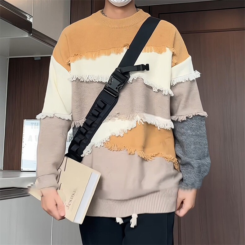 M8165/P75秋冬新款韩系慵懒风宽松设计感拼色个性针织衫女毛衣，男装针织衫/毛衣，电商A141