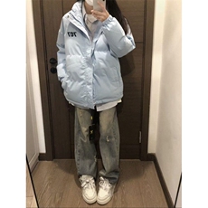 韩版设计感字母印花蓝色潮牌棉服女冬季新款百搭立领宽松棉衣外套，男装夹克，星座506A