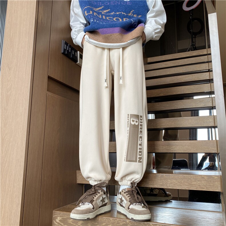 港风冬季新款潮流印花加绒宽松束脚卫裤B315-K23506-p65控78,男装休闲裤,电商B315