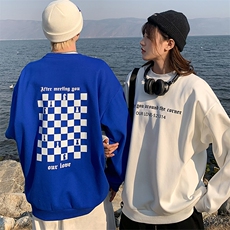 roora情侣装卫衣男女克莱因蓝棋盘格潮牌圆领上衣W8358-P35官图，男装卫衣，电商B245