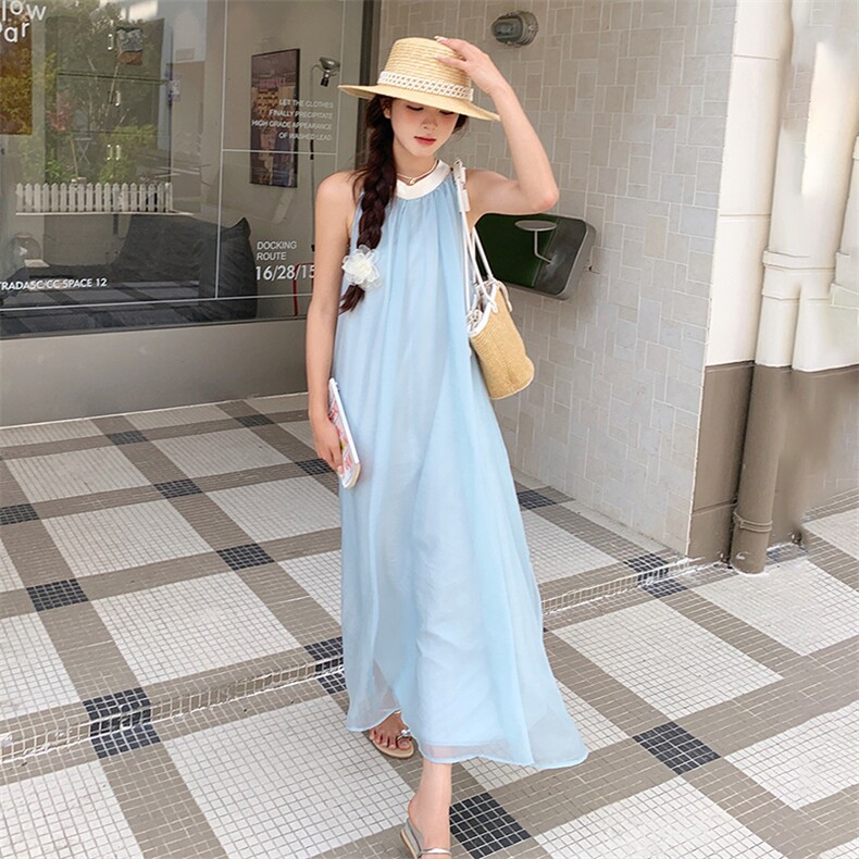 法式无袖挂脖连衣裙女2025夏季新款气质高级感绝美超仙度假风长裙,女装连衣裙,浙宝305
