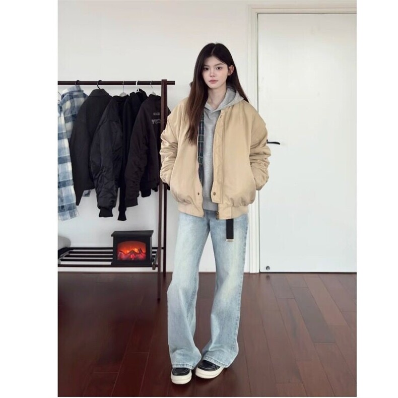美式复古飞行棒球服外套女短款宽松情侣纯色立领夹克潮JKK22P75,男装夹克,电商D256-2(原A064-2)