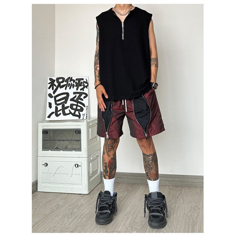 美式纯色休闲小众设计背心短袖复古华夫格拉链无袖衫BX01-P28，男装T恤，星座222-7