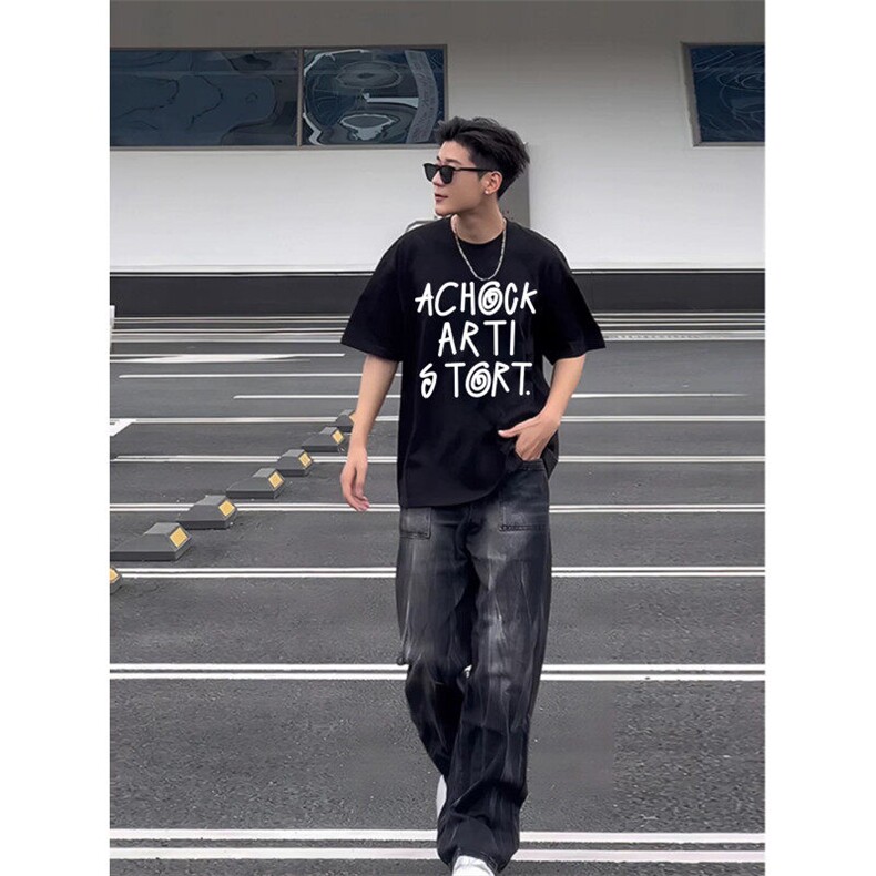 复古高街字母印花短袖男款夏季涂鸦设计高级感潮流cleanfit半袖衫,男装T恤,星座809A(原222-1)