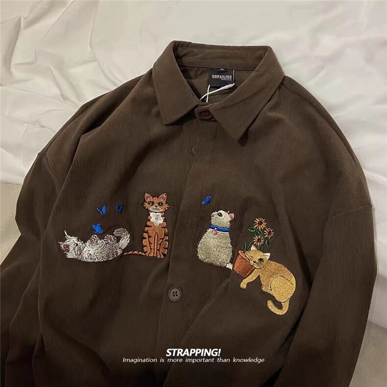 CS381-P43美式复古灯芯绒猫咪刺绣长袖衬衫男女春秋冬宽松休闲，男装衬衫，电商B323A