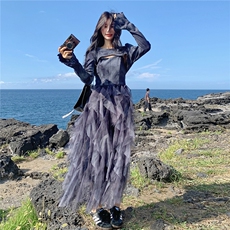小清新不规则网纱吊带连衣裙套装女春秋2025新款独特超好看长裙子，女装套装/套裙，2C012