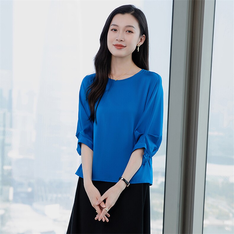 真丝上衣女中袖丝绸真丝t恤衫五分袖圆领妈妈宽松大码短袖小衫,女装衬衫,阿舍尔精品