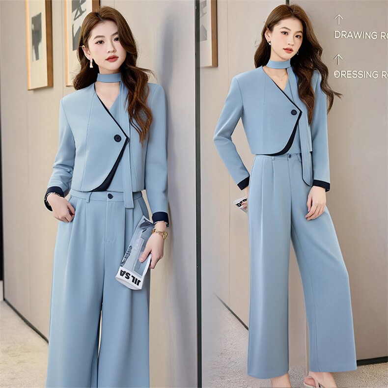 2025新款春季洋气不规则拼接西装外套长裤灰色套装女，女装套装/套裙，时尚俏佳人