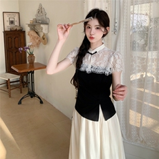 新中式蕾丝拼接短袖套装女2025夏季新款复古气质显瘦阔腿裤两件套，女装套装/套裙，2C098