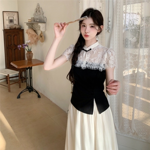 新中式蕾丝拼接短袖套装女2025夏季新款复古气质显瘦阔腿裤两件套图片
