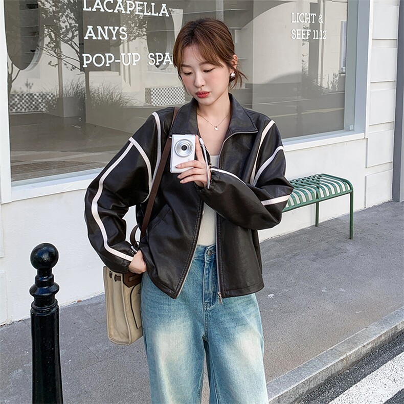 休闲撞色条纹短款外套女2025年秋季新款时尚百搭气质显瘦夹克皮衣图片