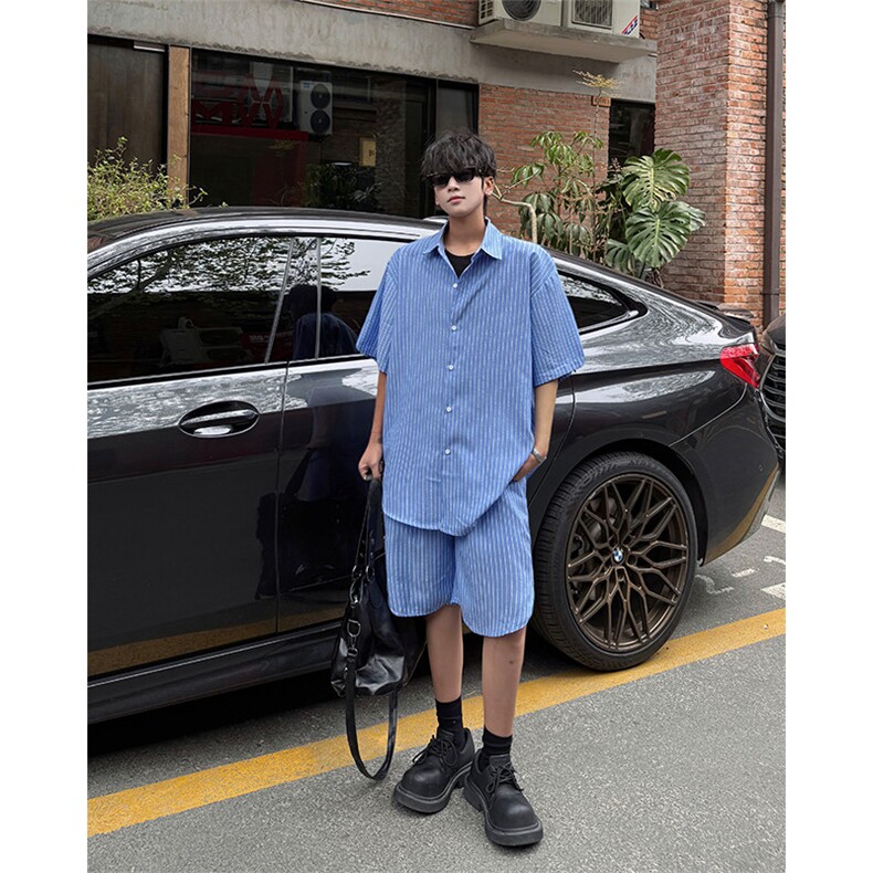 时尚套装男慵懒风条纹蓝色短裤长袖衬衫套装潮流时尚套装特P55,男装牛仔裤,电商B319
