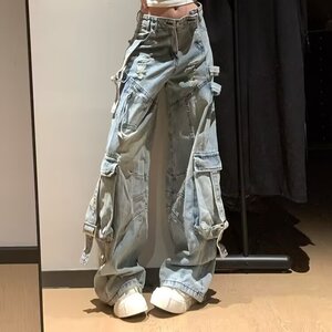 A18-P70 大码美式复古飘带工装牛仔裤女2025新款高街破洞宽松图片