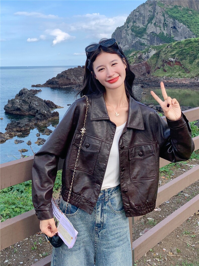 【现货主推】复古宽松棕色PU皮衣外套女2025秋季新款高级质感1387,女装皮衣,欣美人