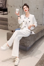 高级感西装套装女2025春秋新款小香风短外套高腰阔腿裤职业两件套，女装套装/套裙，蓝诺裳
