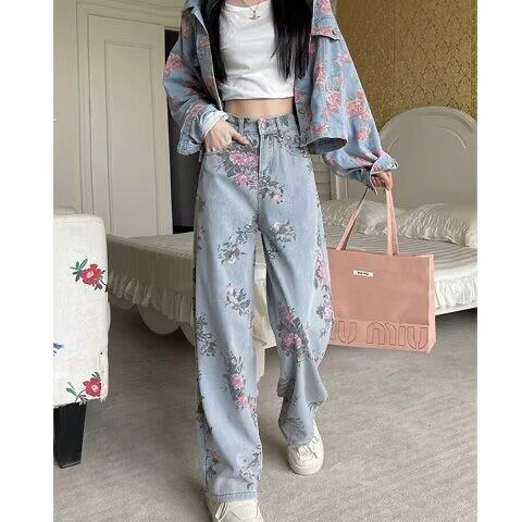 甜辣复古牛仔裤女新款设计感小众宽松高腰显瘦辣妹直筒阔腿裤,女装牛仔裤,星座506A