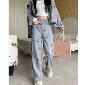 甜辣复古牛仔裤女新款设计感小众宽松高腰显瘦辣妹直筒阔腿裤图片