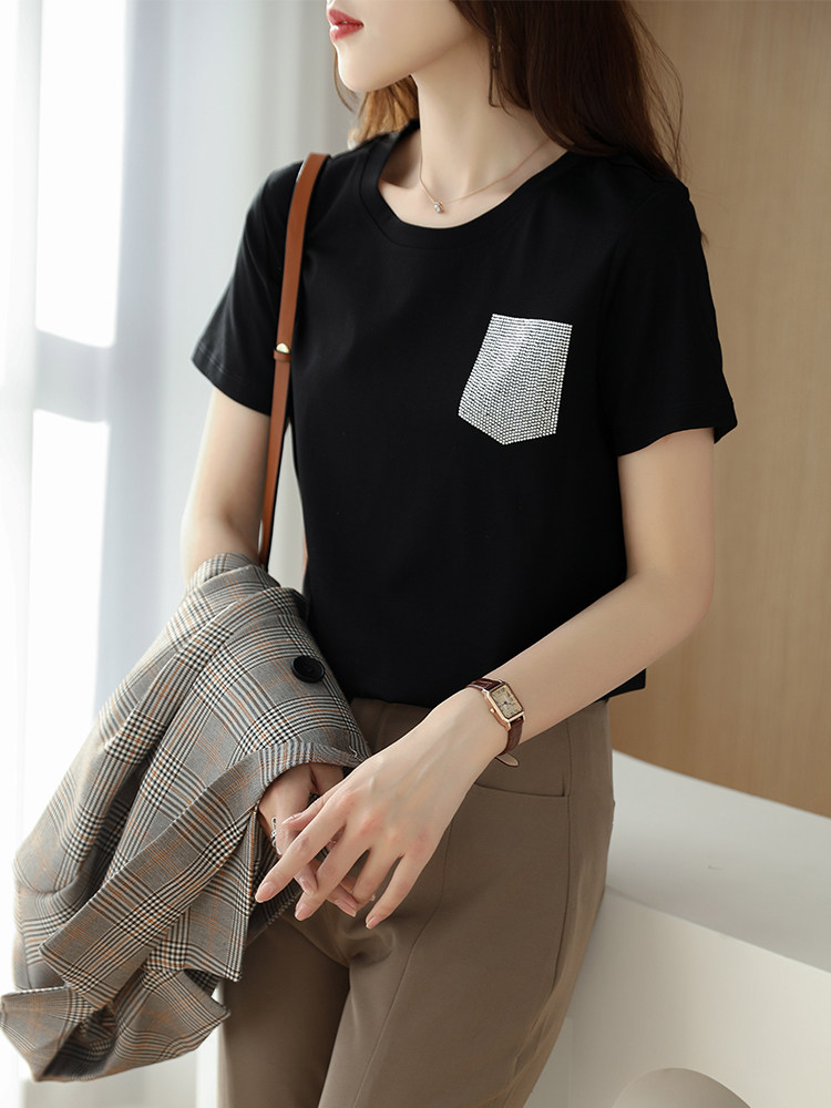 2024夏季新款前丝后棉真丝拼接T恤女桑蚕丝圆领缎面印花烫钻短袖,女装T恤,元素羊绒