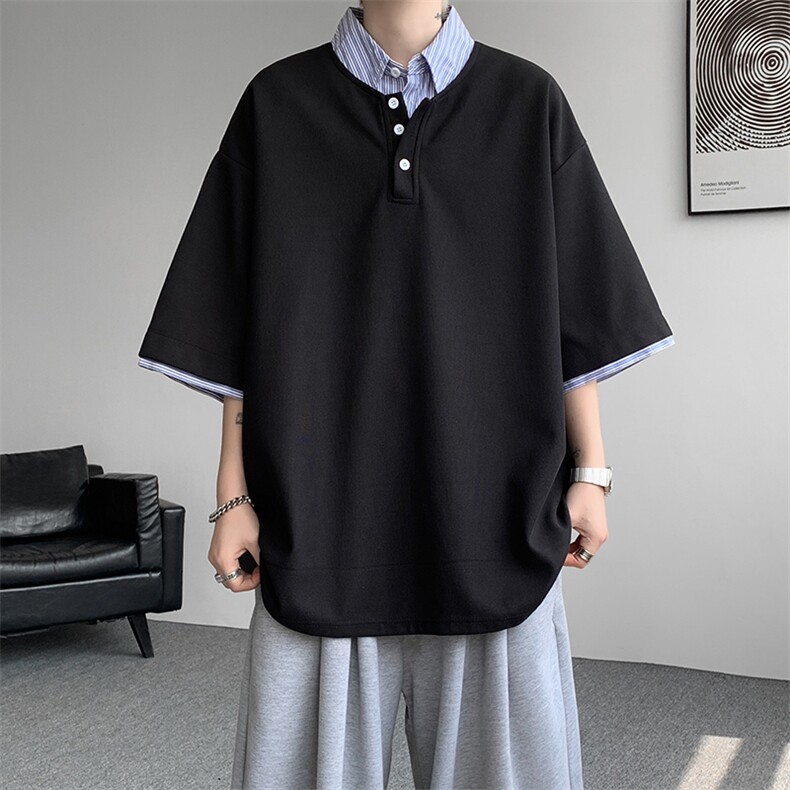 8XL-M假两件衬衫领短袖T恤大码夏季条纹拼接polo衫半袖DX1211/P45图片
