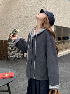 现货新款秋冬新款针织连帽拼接长袖羊绒外套女短款双面羊绒大衣潮图片