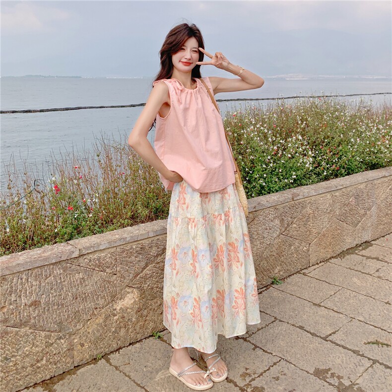 蝴蝶结系带背心上衣清新印花半身裙套装女2025年夏季氛围感两件套,女装套装/套裙,2C201