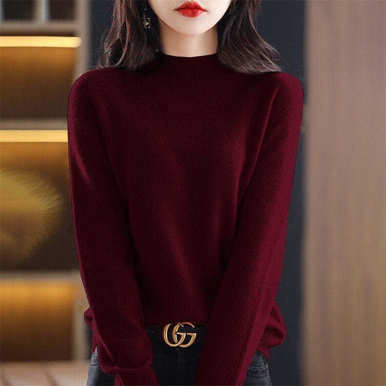 羊毛衫女半高领针织打底衫2024新款蚕丝蛋白一线成衣秋冬毛衣，女装针织衫/毛衣，暖烁特种纱工厂店