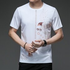 夏季青年男士短袖T恤丝光棉圆领休闲印花冰丝中年男上衣半袖P34，男装T恤，钱塘6003A(原)4033A