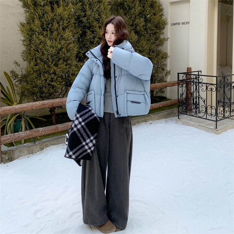 韩系蓝色连帽羽绒服女冬2025新款超火好看高级小众保暖加厚短外套,女装羽绒服,2B076