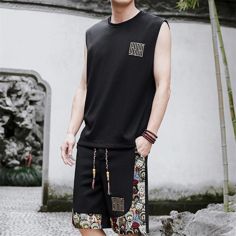 夏季小熊短裤休闲运动套装男刺绣背心两件套汗衫A266-TZ1108-P46,男装牛仔裤,电商A266