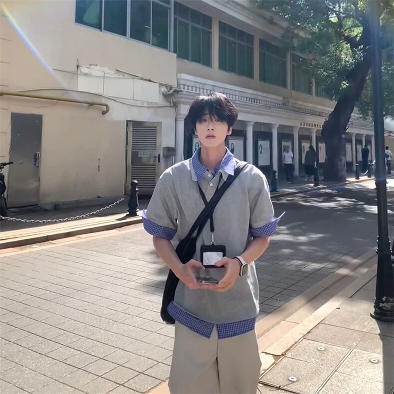 得物抖音高品质二开夏季美式潮牌高街假两件格子衬衣翻领短袖T恤,男装T恤,电商A486