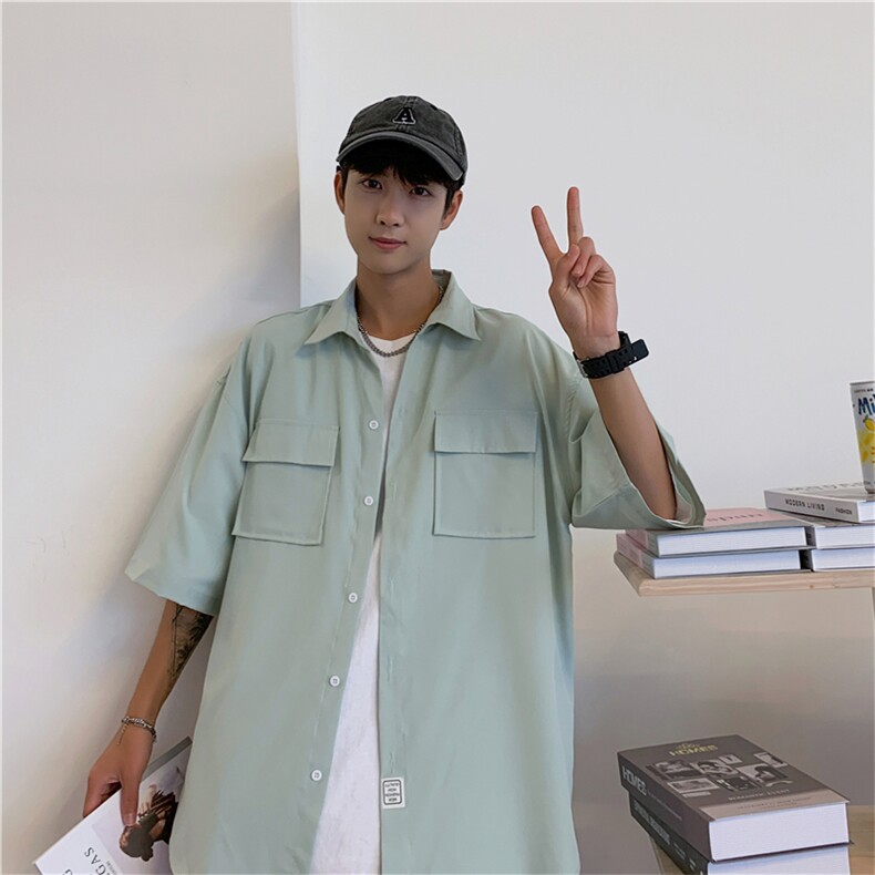 C3070/P35新款男士冰丝工装多口袋短袖衬衣男韩版潮大码外套衬衫,男装衬衫,电商A141