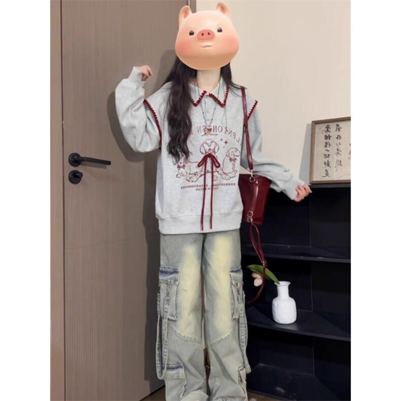 早秋小个子韩系百搭内搭上衣oversize美式高街休闲风灰色印花卫衣,男装卫衣,星座506A
