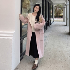 韩系甜美连帽双面羊毛大衣女2025秋冬季新款显瘦保暖长款呢子外套，女装毛呢外套，2C212