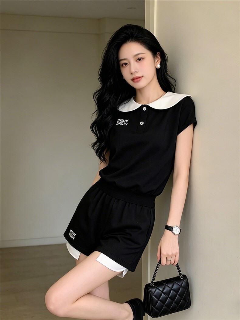 欧洲站时尚气质套装女夏季新款撞色海军领收腰短袖上衣短裤两件套,女装套装/套裙,江南