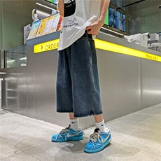 港风ins复古牛仔短裤男宽松直筒七分阔腿裤夏季潮牌高街老爹裤子，男装牛仔裤，星座601-2