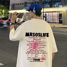 美式字母短袖t恤男生夏季纯棉百搭标语印花上衣落肩袖宽松大码T恤，男装T恤，星座304A