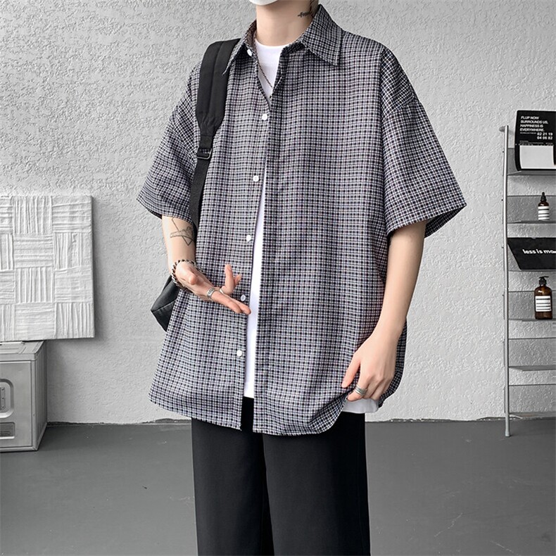 8XL-M短袖衬衫男夏宽松慵懒风痞帅条纹格子衫半袖外套DC28005P40,男装衬衫,电商B312