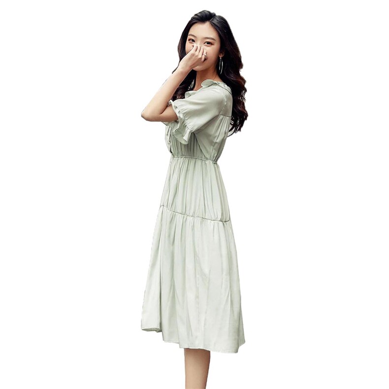 潮流舒适时尚圆领连衣裙纯色2021年夏季大摆型中长款,女装连衣裙,辉之琳