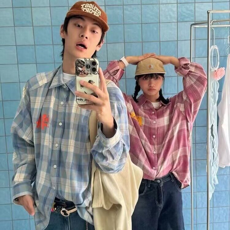 渐变印花格子衬衫男女款美式复古字母长袖衬衣宽松潮牌春秋季外套,男装衬衫,星座1210-1