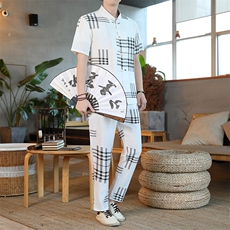 男士夏季冰丝短袖复古风唐装汉服中式居士服风套装HO6931-P65，男装T恤，星座1105-3