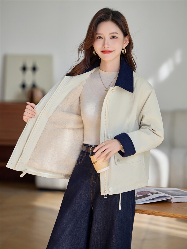 时尚撞色翻领加绒派克服外套女2025秋冬新款宽松显瘦休闲百搭棉服,女装棉衣/棉服,依万里