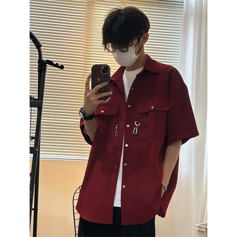 美式复古华夫格短袖衬衫女夏季古着学院风设计感小众开衫衬衣2025，男装衬衫，星座506A