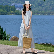 （新款现货）2026夏装时尚挂脖飘带领花上衣+半裙超仙套裙两件套，女装套装/套裙，印象茜